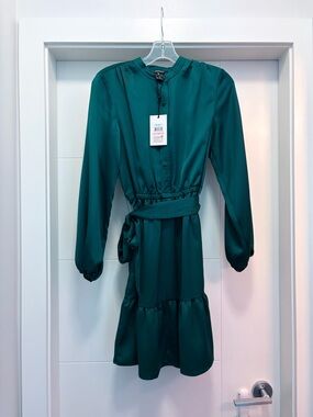 DKNY Teal Green Long-Sleeve Tie-Waist Dress